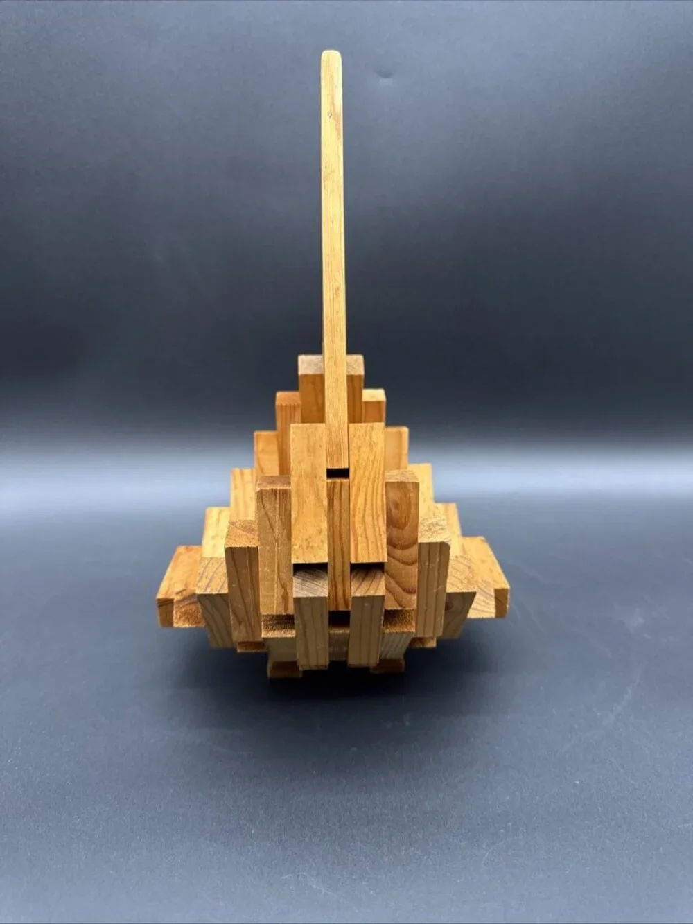 Vintage Mid-Century Modern Geometric Block Wood Teardrop Basket Planter Catchall